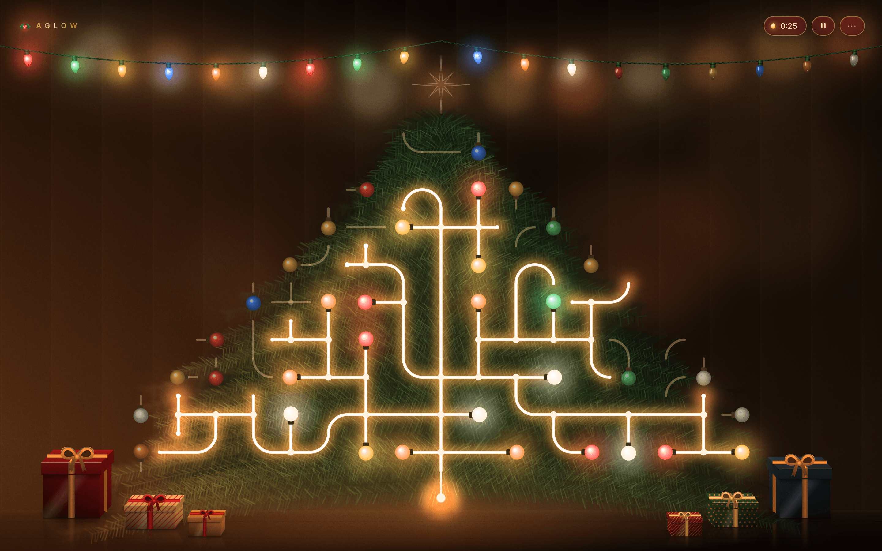 A Christmas tree in a warm, dark room, half solved: glowing filament wires and coloured bulbs run up from the trunk, the unlit tiles above are thin dark wires with dark glass bulbs, a garland of C9 bulbs across the top is two-thirds lit, and wrapped presents sit on a wooden floor