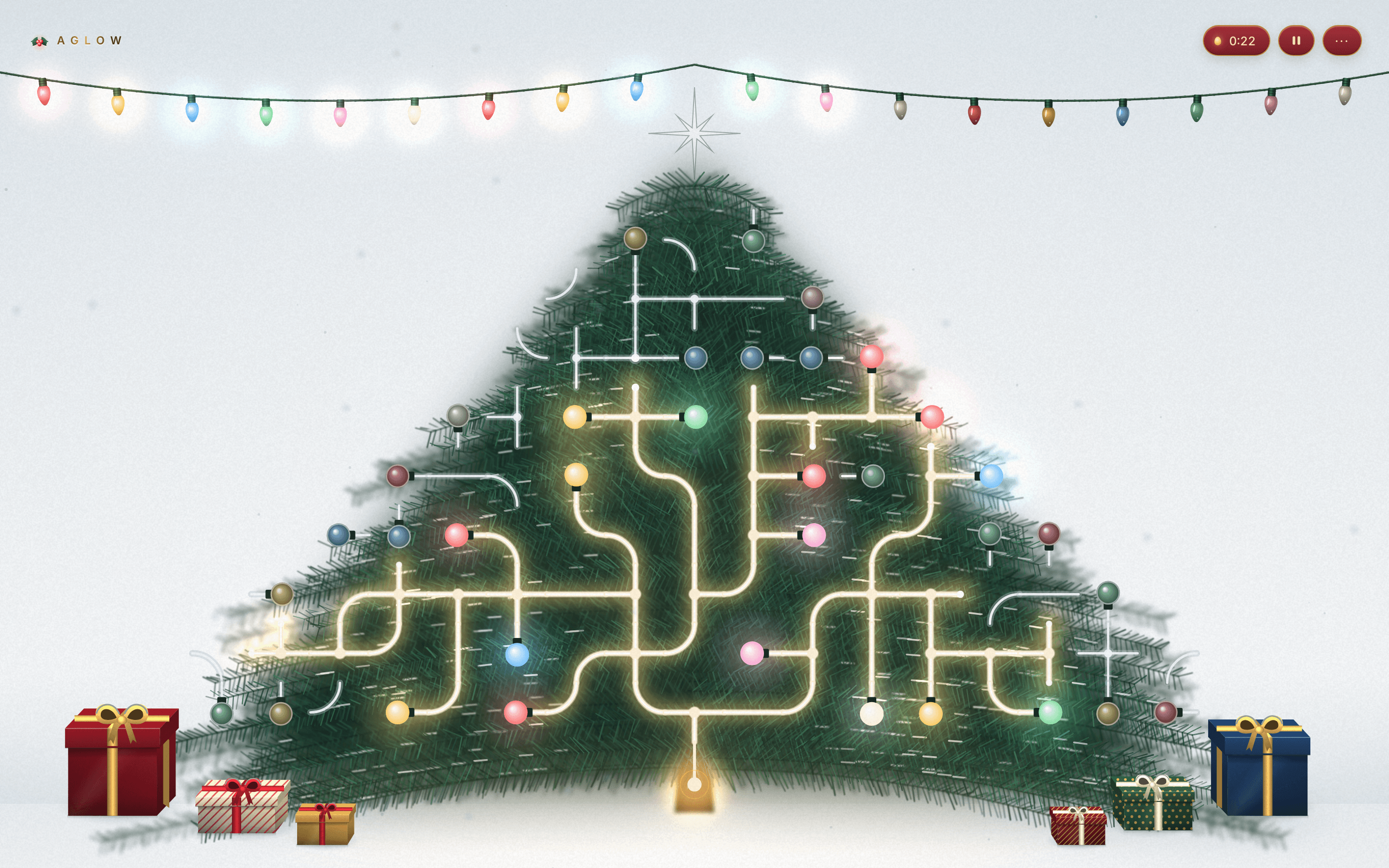 The Frost scene: a dark, snow-dusted fir on a pale daylight background, half its filament wires lit warm, the unlit ones drawn as light silver wires that stand out against the needles