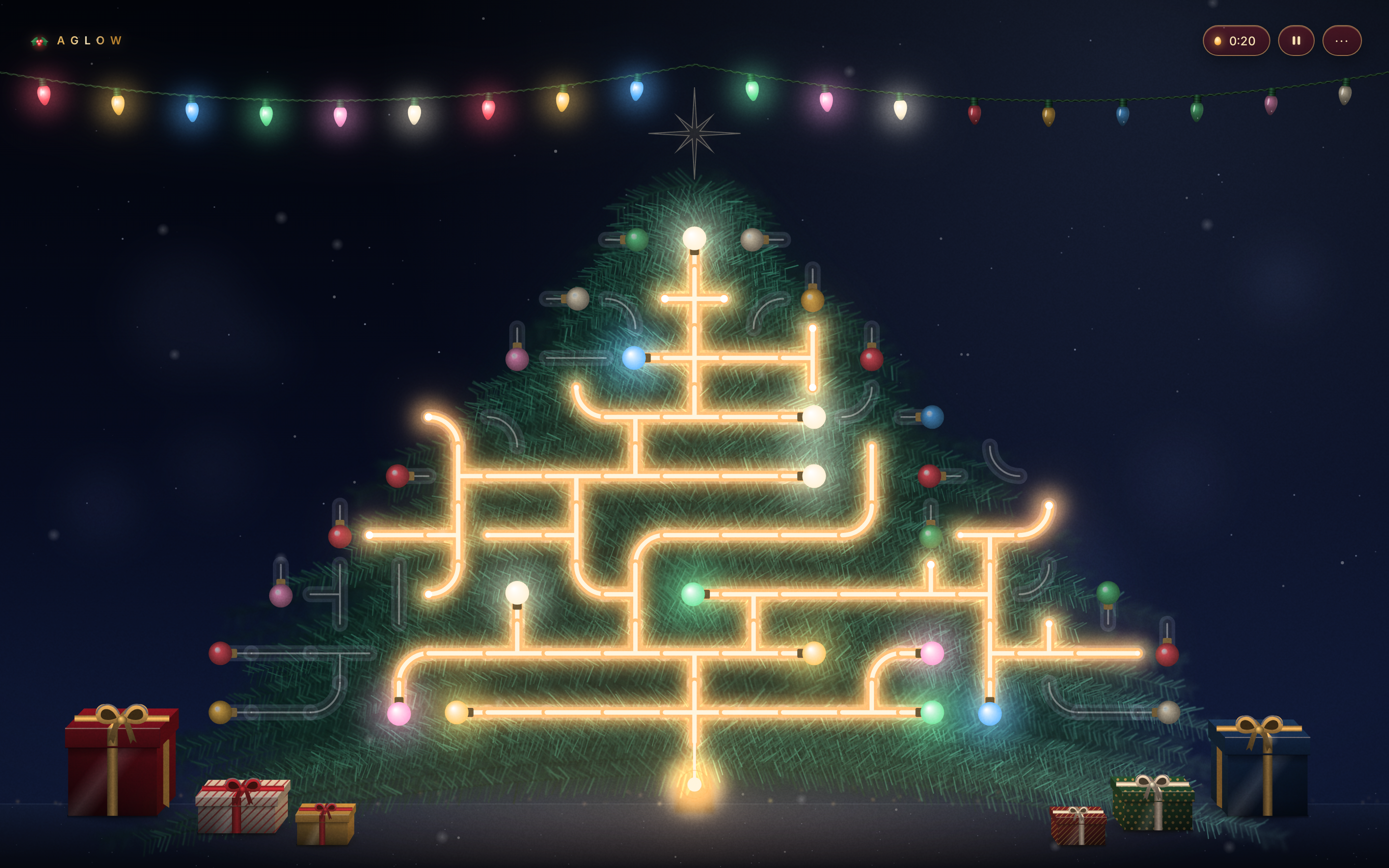 The Midnight scene with neon tubes: lit paths are thick glowing amber tubes, unlit ones are pale empty glass