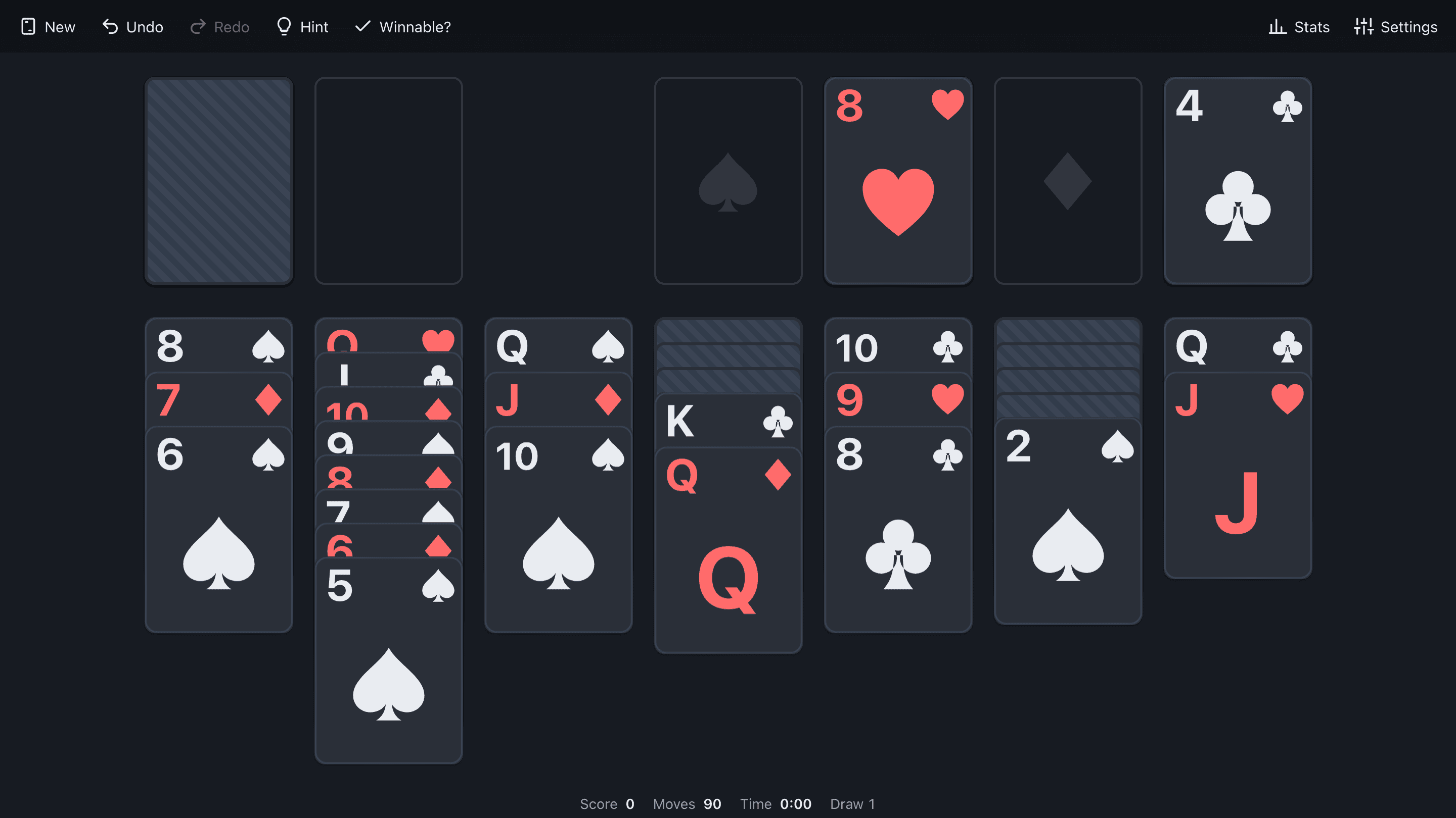 The same position on the Modern Minimal theme in dark mode: flat dark cards with large corner indices and one large centre suit