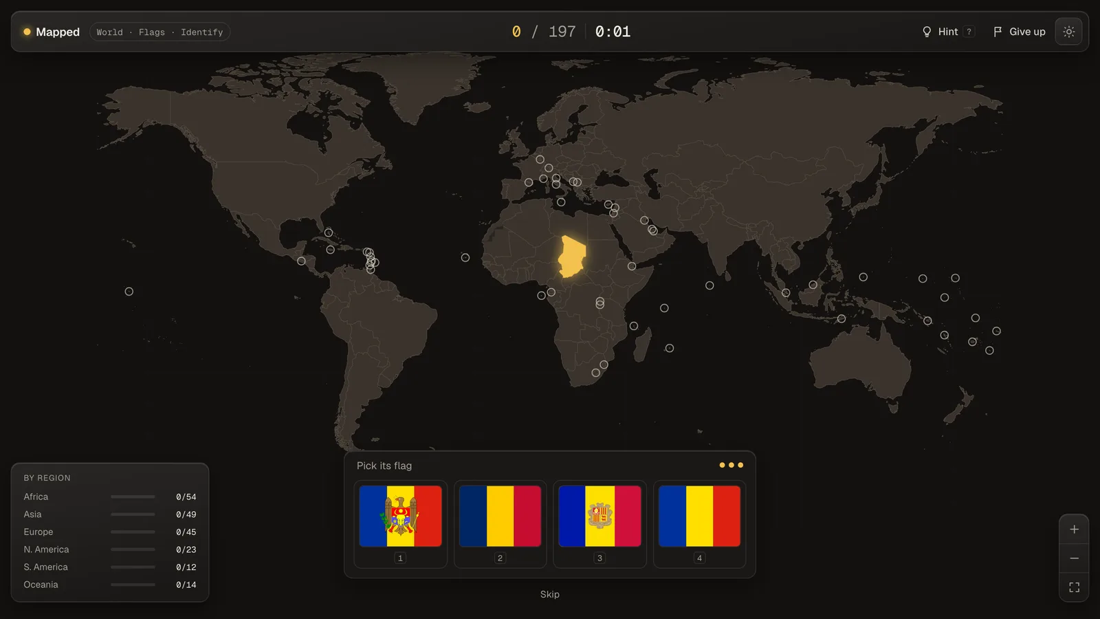 Chad glowing gold in the middle of a dark world map, and below it a card reading 'Pick its flag' with four blue, yellow and red vertical tricolours: Moldova's with an eagle, Chad's, Andorra's with a crest, and Romania's