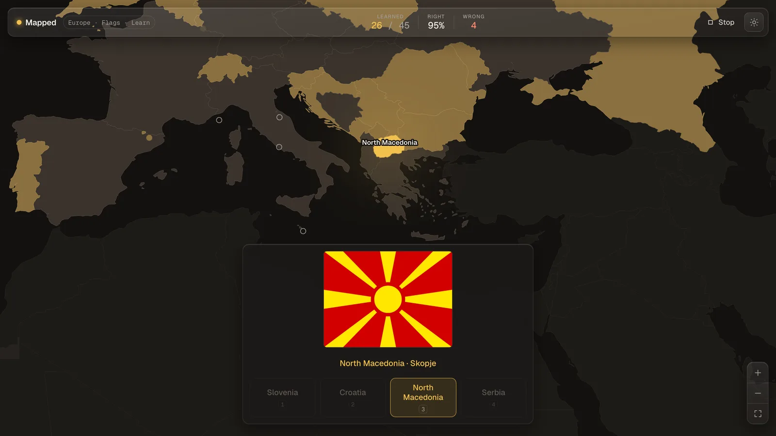 A Learn round zoomed on Europe: learned countries filled bronze, North Macedonia glowing gold with its name, a large North Macedonia flag over the answer 'North Macedonia · Skopje' and four name buttons, and a top bar reading Learned 26 / 45, Right 95%, Wrong 4