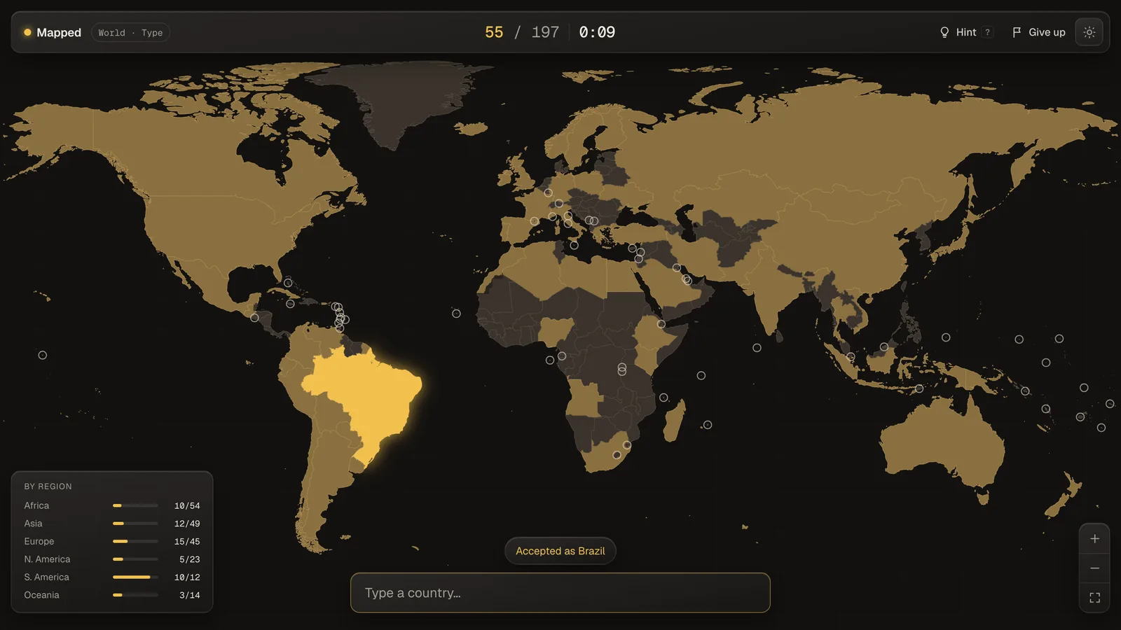 A dark world map filling the screen, most of the Americas, Europe, Russia, Asia and Australia filled in bronze, Brazil glowing gold, with a toast above the input reading 'Accepted as Brazil', a score of 55 / 197 and a By region card counting finds per continent